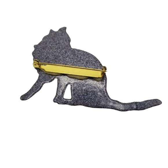 Vintage Brooch Cat Enamel Brown White Kitty Sitting Flat Jewelry Pet Animal Meow - Picture 3 of 6